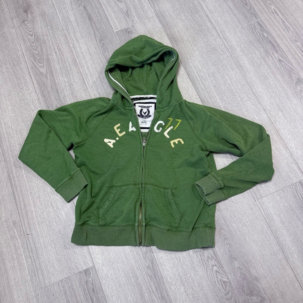 American Eagle Outfitters Zip Down  Green Hooded Zip Sweatshirt